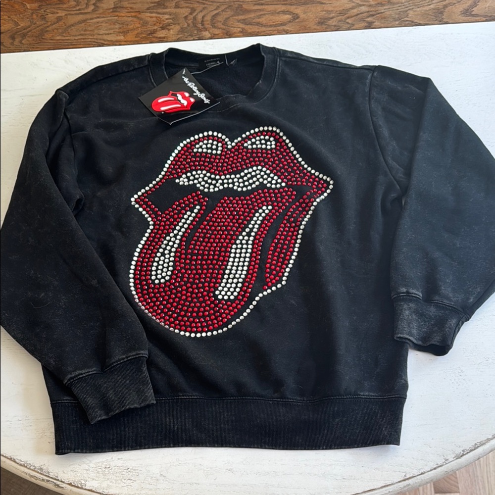 The Rolling Stones Black Sweater with Red and White Studded Lips